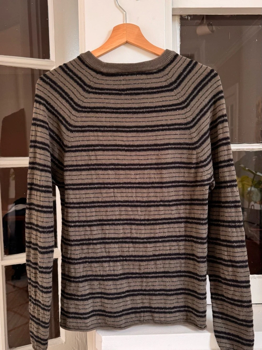 Billy Reid Boucle Crew Sweater M Olive Black Stripe Silk Cashmere Italy EUC